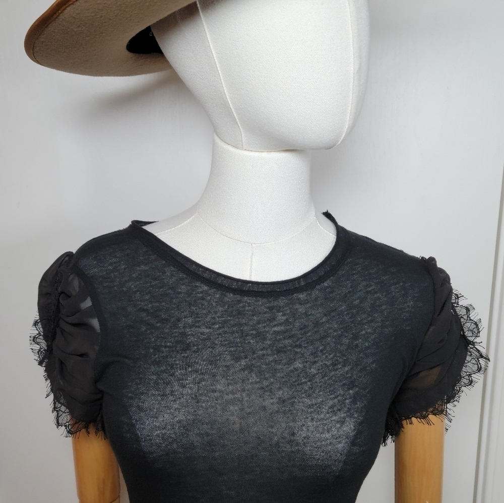 Alice + Olivia Black Sheer Sleeve Tee 100% Silk Detail Size XS - Picture 3 of 10